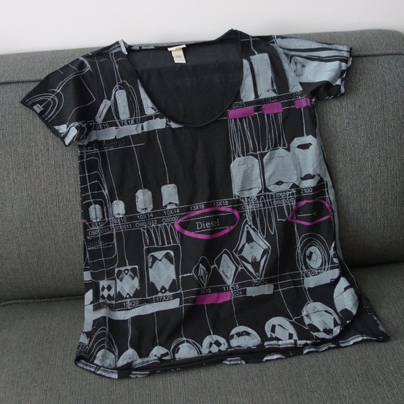 Diesel Black Gray And Purple Short Sleeve Top 100% Cotton Made in Turkey Size S - Picture 1 of 12